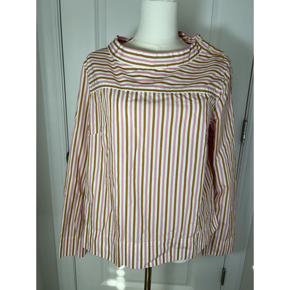Women's J Crew Funnel Boat Neck Striped Long Sleeve Popover Blouse‎ Buttons Sz 8